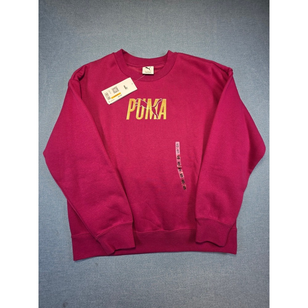 Puma Essentials+ Metallic Logo Crew Neck Sweatshirt Berry Gold Small, NWT